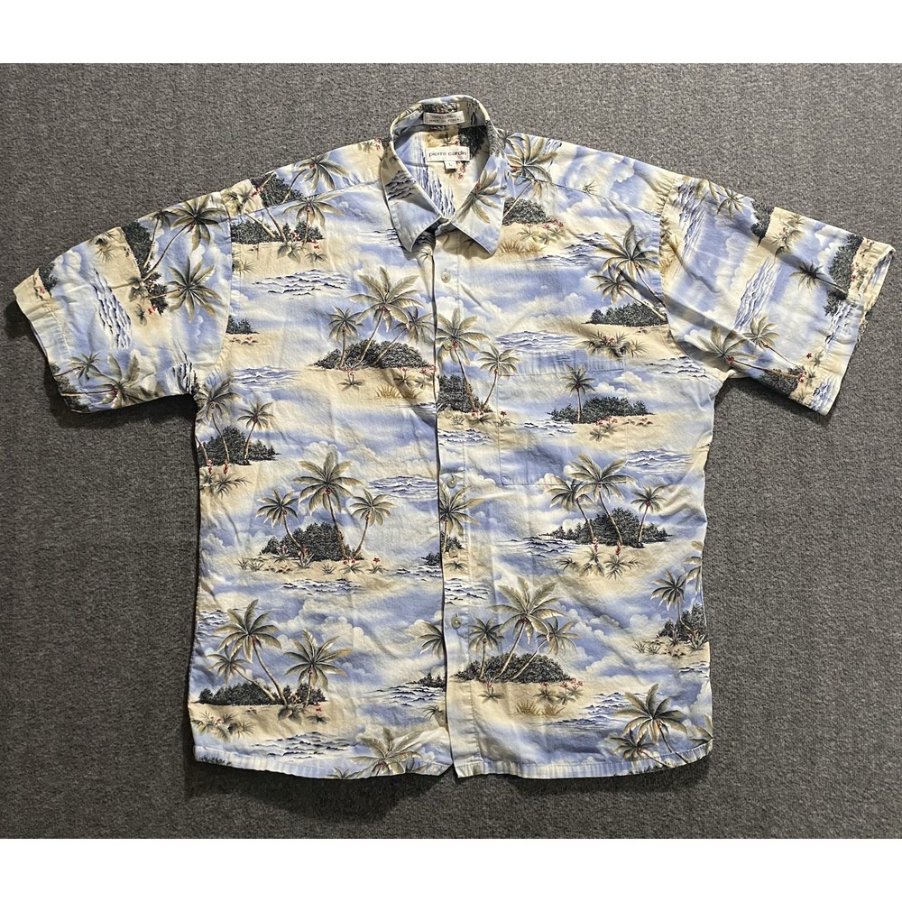 Pierre Cardin Men's Button Up Shirt Floral Tan Short Sleeve Lightweight Size L